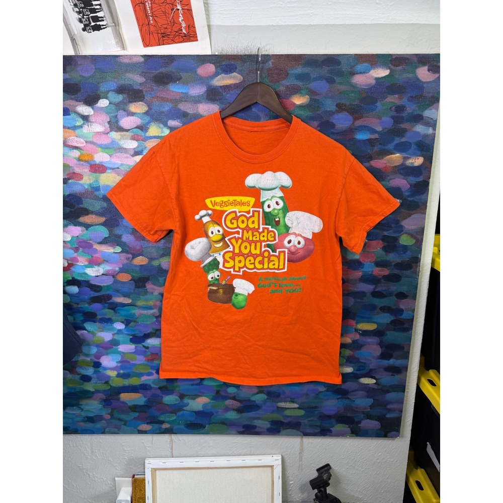VeggieTales God Made You Special Orange Graphic T-Shirt  Medium Chef Bob Larry